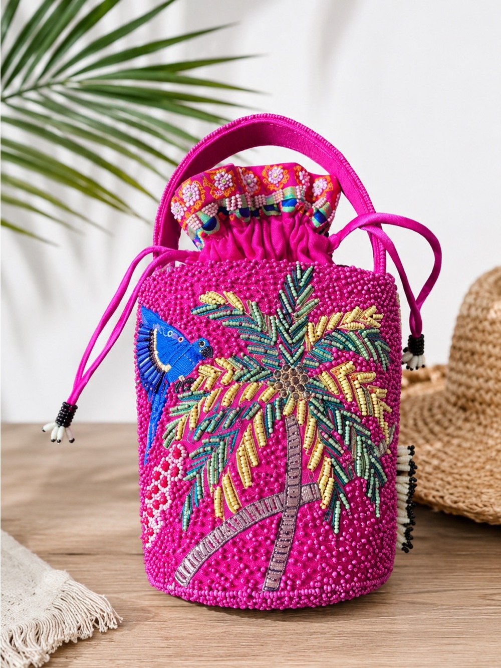 Hot Pink Embroidered Tropical Palm Tree Sloth Parrot Beaded Bucket Bag Purse
